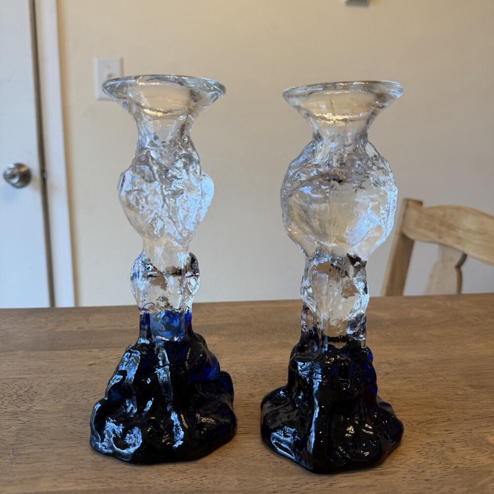 Humppila Finland Kasvimaalla Vtg Glass Candle Holders Blue Clear Signed Set Of 2